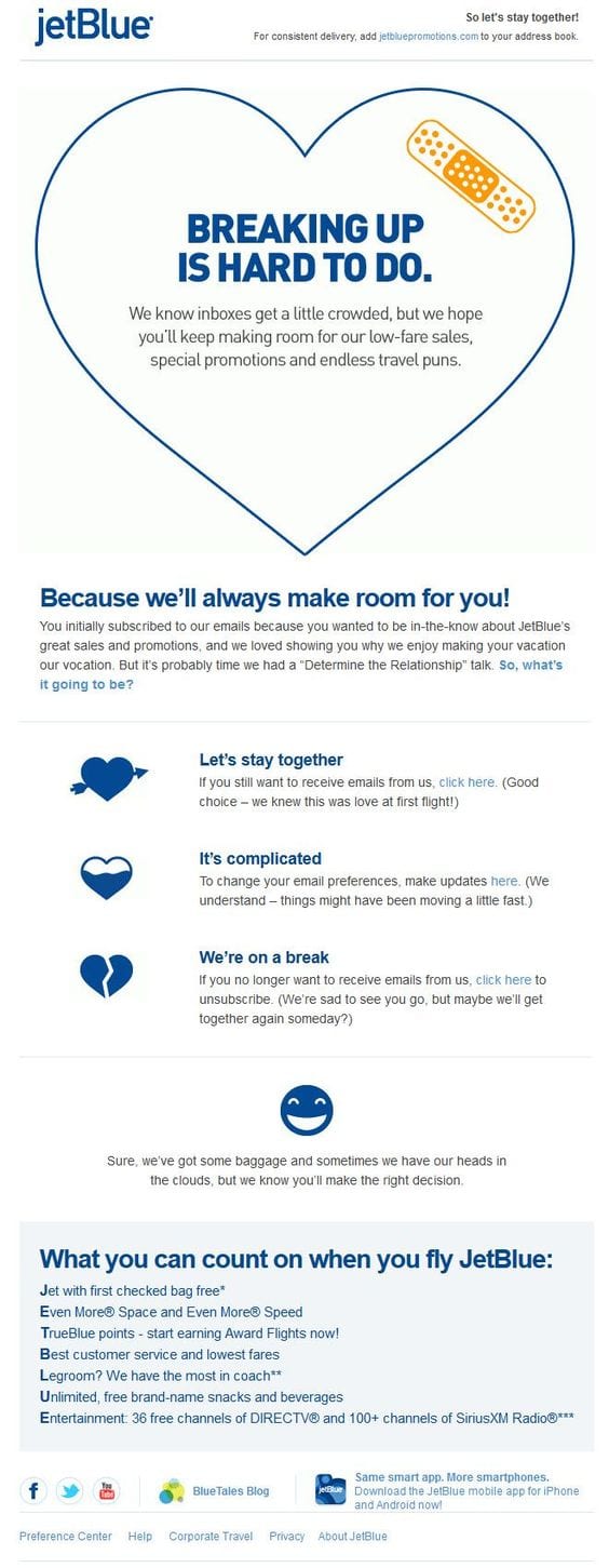 jetblue call to action stay subscribed change email preferences unsubscribe email newsletter list reasons benefits