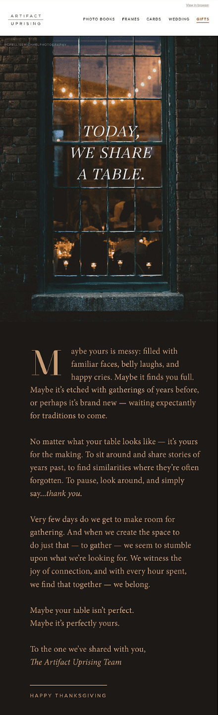 artifact uprising Thanksgiving holiday email marketing example_SmartrMail blog