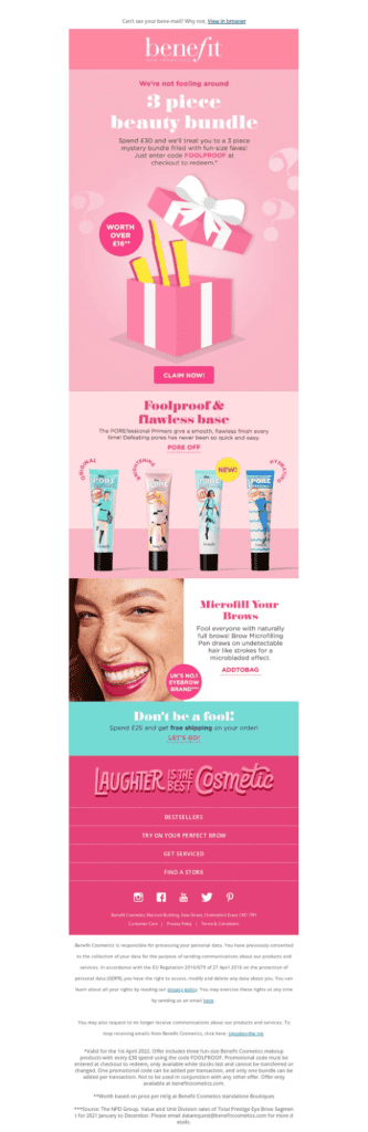 benefit april fool's day email campaign example