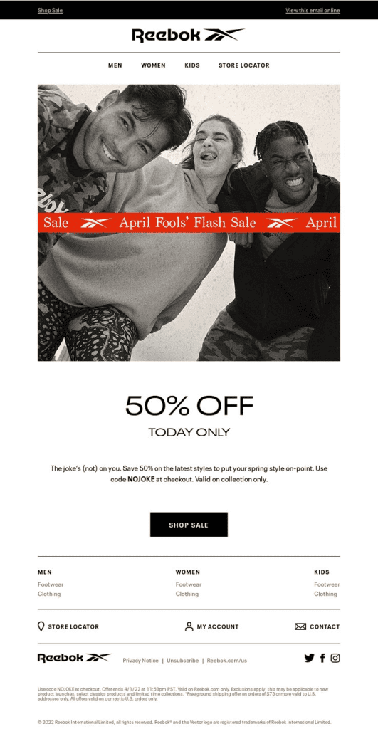 Reebok april fools day email campaign example