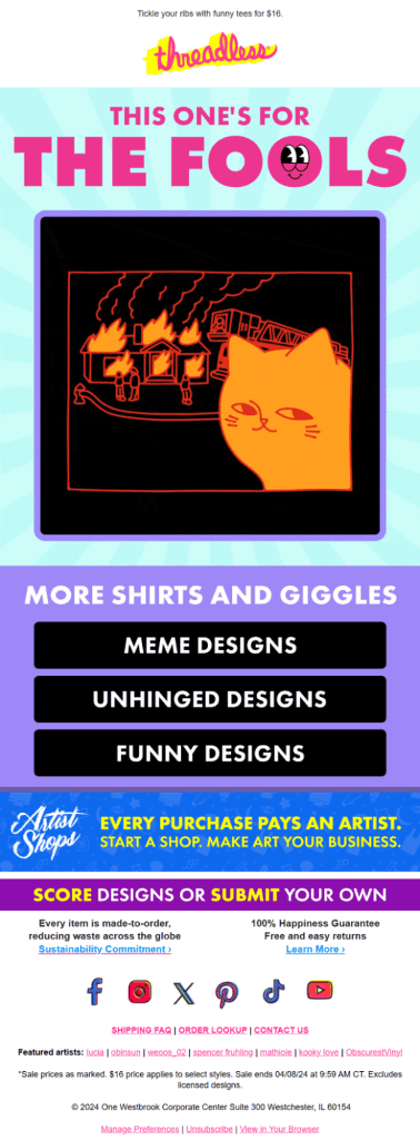 threadless april fool's day email campaign example