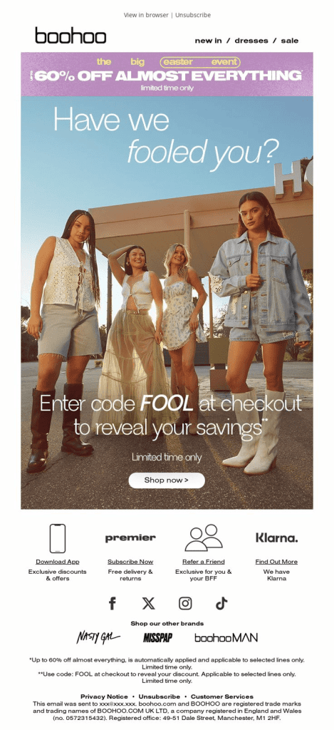 boohoo april fool's day email campaign example