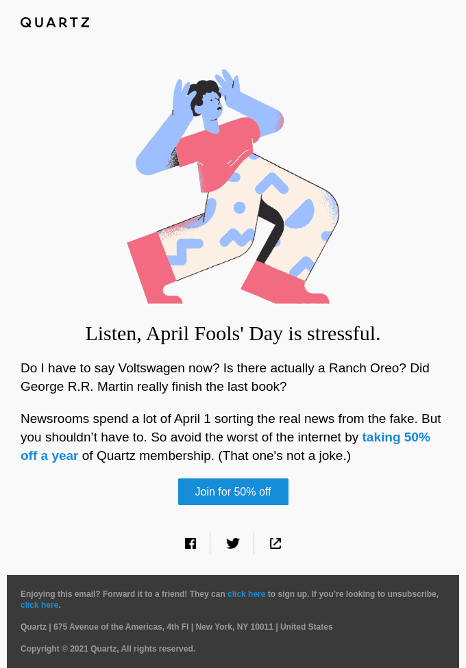 quartz april fools day email campaign example