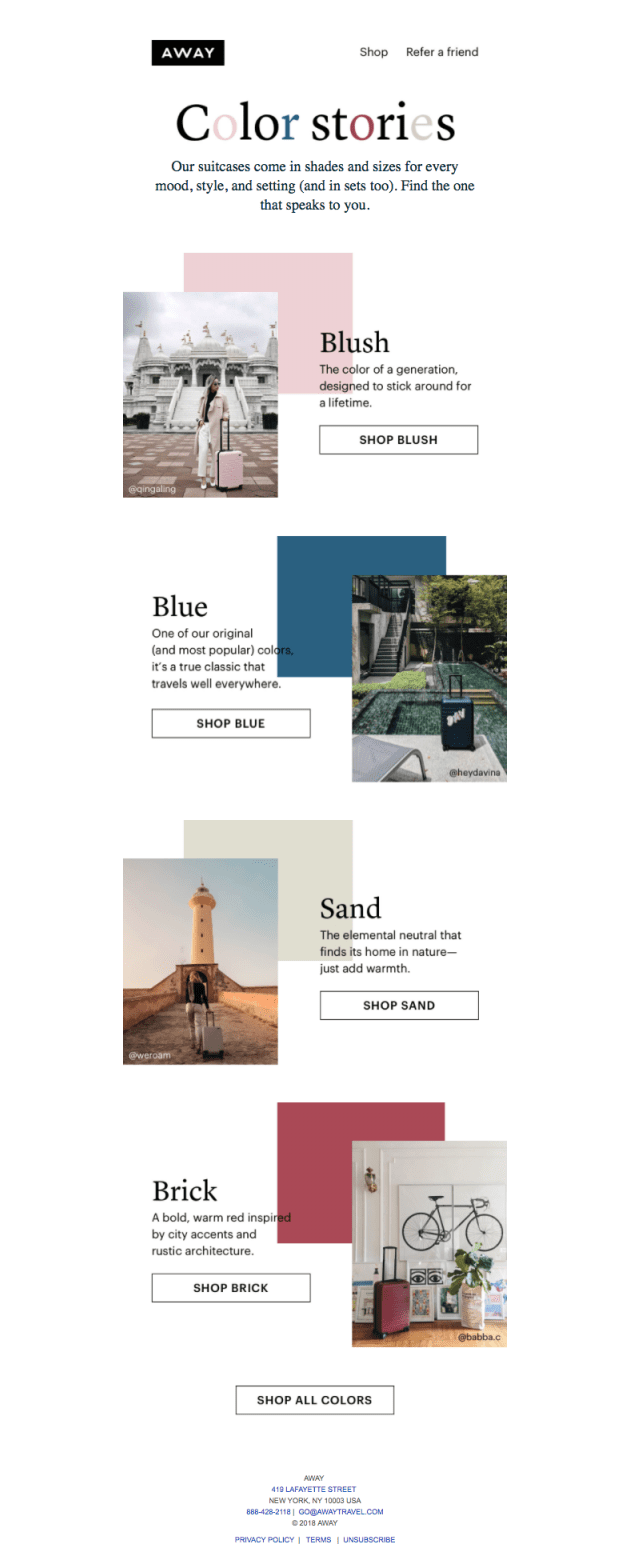 example of good email newsletter design from away