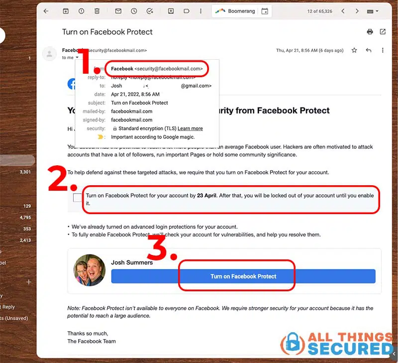 Determining if the Facebook Protect email is a scam