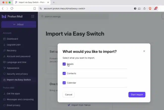 Easy Switch mail import from Proton Mail