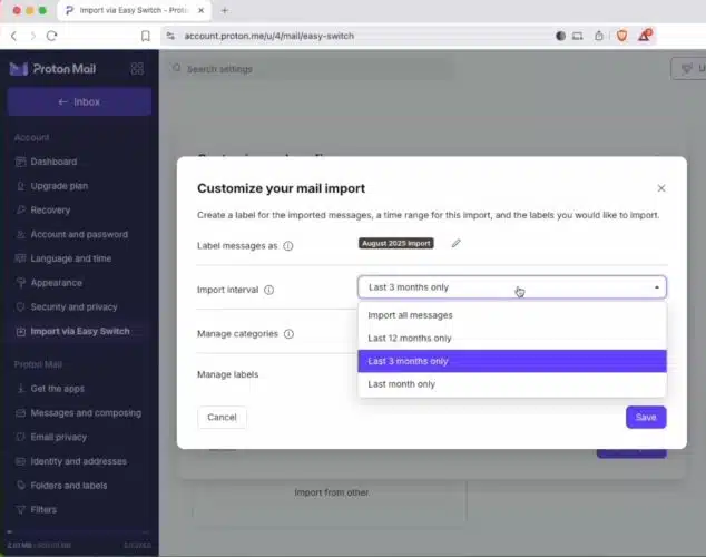 Customize mail import in Proton Mail
