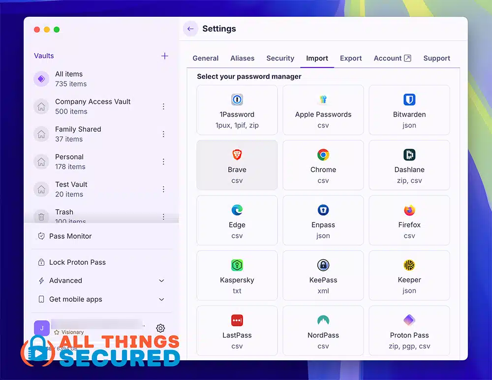 Proton Pass import passwords feature